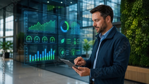 Facility manager using energy optimization dashboard.