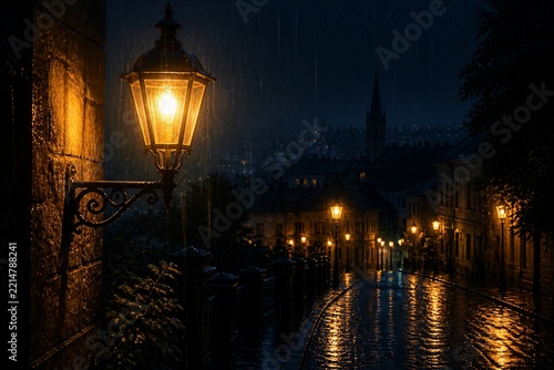 Street lantern glowing in rain on wet cobblestone city street