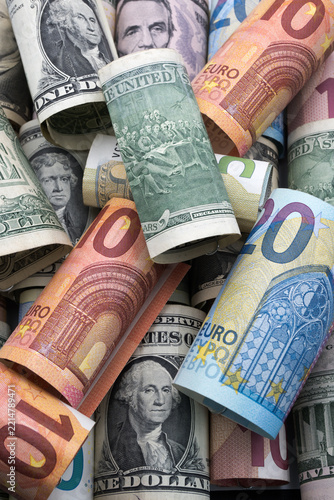 American and European currency. Money, dollars and euros.
