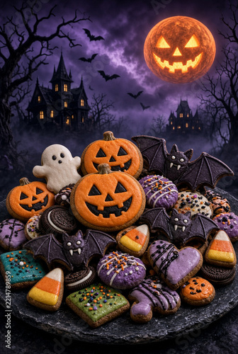 Halloween-themed cookies, cookies and sweets, Halloween treats, Halloween party advertising, Halloween party, ghost-shaped cookies, halloween background with pumpkin