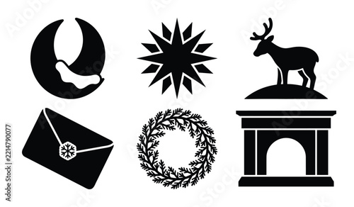 Winter nature icons featuring moon star deer and wreath for seasonal decor crafts