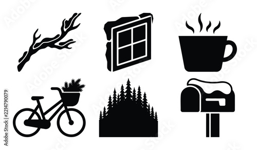 Winter season set with snowy tree branch window cup bicycle pine forest mailbox