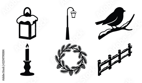 Winter scenery decor elements with candle lantern and wooden fence silhouettes