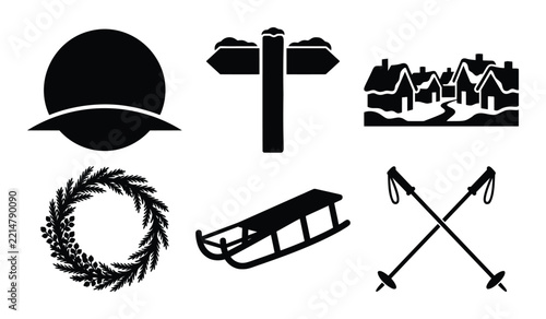 Snowy village and winter activity icons for holiday travel and sport illustrations