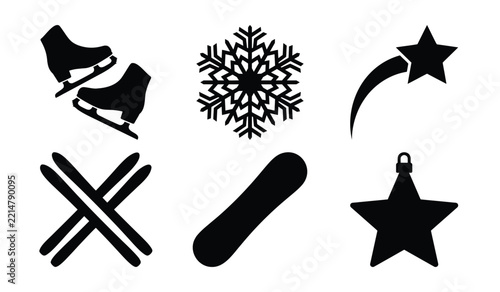 Winter sports equipment and festive star ornaments in black vector silhouettes