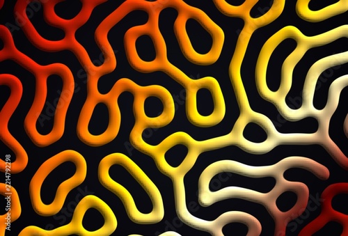 Organic coral texture, reaction diffusion in orange, red and yellow on black background, abstract digital art