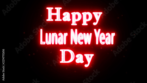 Happy Lunar New Year Day neon text greeting with glowing red light effect on black background
