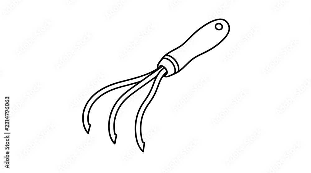 Obraz premium Black outline vector icon of a garden hand cultivator with a short rounded handle and three curved pointed tines fanning outward drawn with thin lines in diagonal composition emphasizing utility