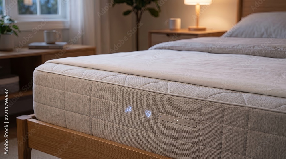 Fototapeta premium Smart mattress surface with illuminated sensor icons on wooden bed in cozy bedroom