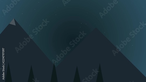 Mountain silhouettes rise behind pine trees under a starry sky