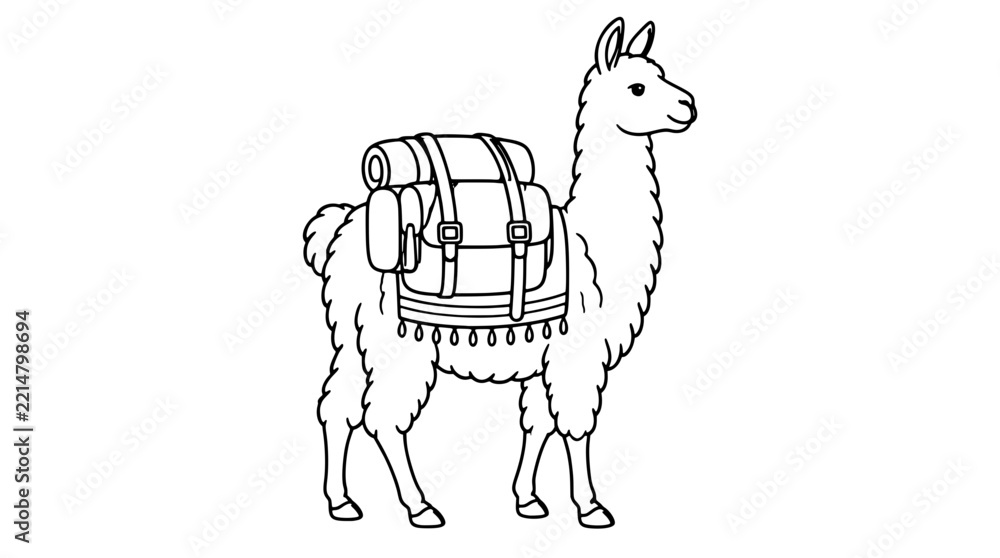 Fototapeta premium Black outline vector icon of a woolly llama in side profile wearing a strapped pack saddle with rolled bundle and tasseled blanket drawn with medium lines showing shaggy fleece and sturdy legs