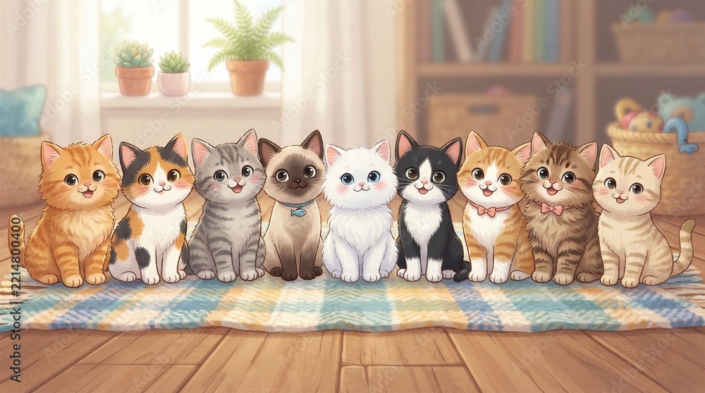 Fototapeta premium Nine kittens sit together on a colorful rug. They gaze forward with calm, curious eyes. Soft sunlight streams through the window behind them. Bookshelves and potted plants add cozy charm