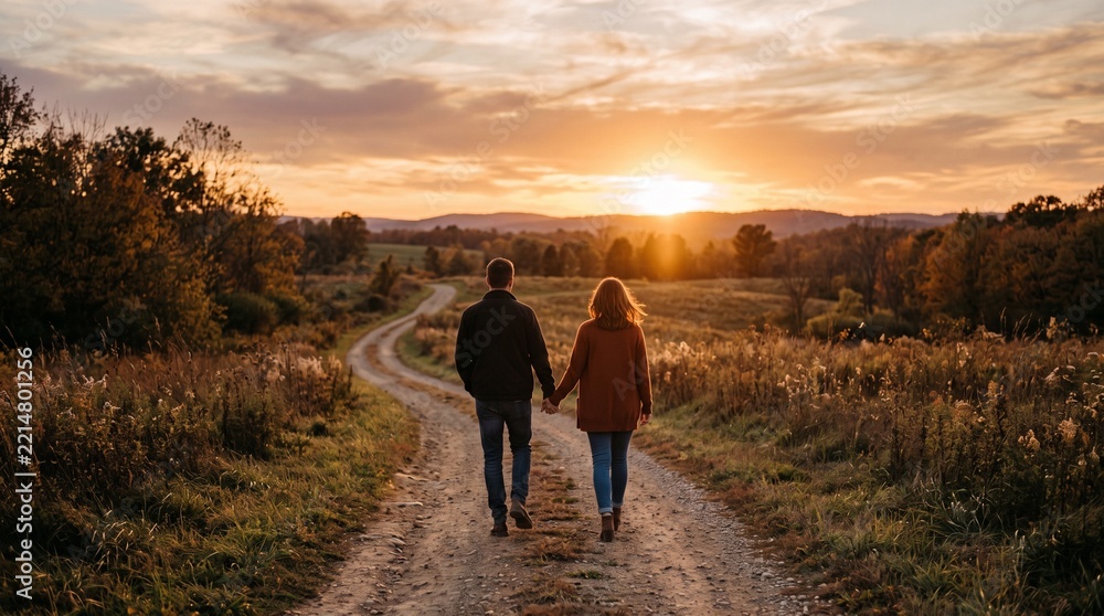 Obraz premium Couple walking hand in hand on a dirt road at sunset in a rural landscape with rolling hills and autumn trees