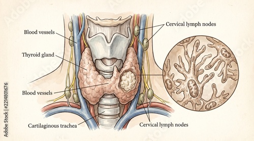 Medical illustration showing thyroid cancer with a thyroid gland tumor, blood vessels, and cervical lymph nodes highlighting potential lymphatic spread.