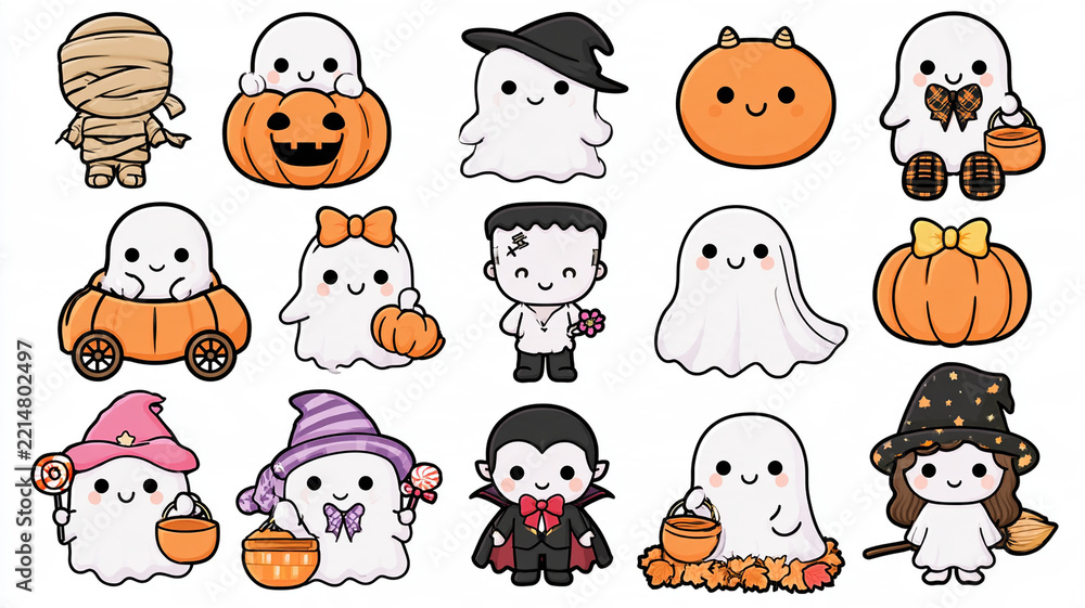 Fototapeta premium Set of Fifteen Cute Halloween Cartoon Character Clipart Designs