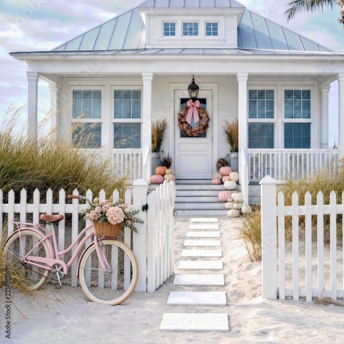 The quaint white cottage, surrounded by a picket fence and adorned with a welcoming front porch, is complemented by a vintage pink bicycle with a flower basket by the entrance