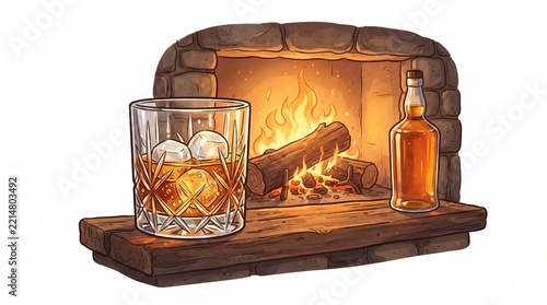 Cozy Evening Warmth A Glass of Whiskey and a Bottle by a Crackling Fireplace