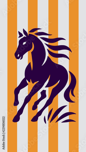 stylized equestrian art with a dynamic horse silhouette in motion, against a bold vertical striped background, modern design with strong contrast and visual movement. editable SVG vector illustration