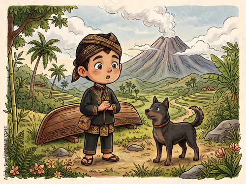 Asep looking wide-eyed and shocked with an open-mouth expression while holding his curious black dog, capturing a sudden surprise moment in daily life.