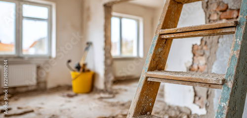 Wooden ladder leans against a partially stripped wall inside a bright room under renovation, home improvement, interior remodeling, construction work, property restoration, repair project.