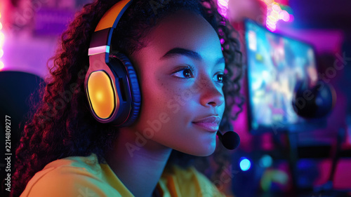Focused mixed race female gamer using dual monitors with RGB lighting, headset and mechanical keyboard in neon room