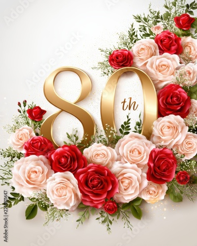 Luxurious 80th birthday greeting card design with golden number and elegant roses
