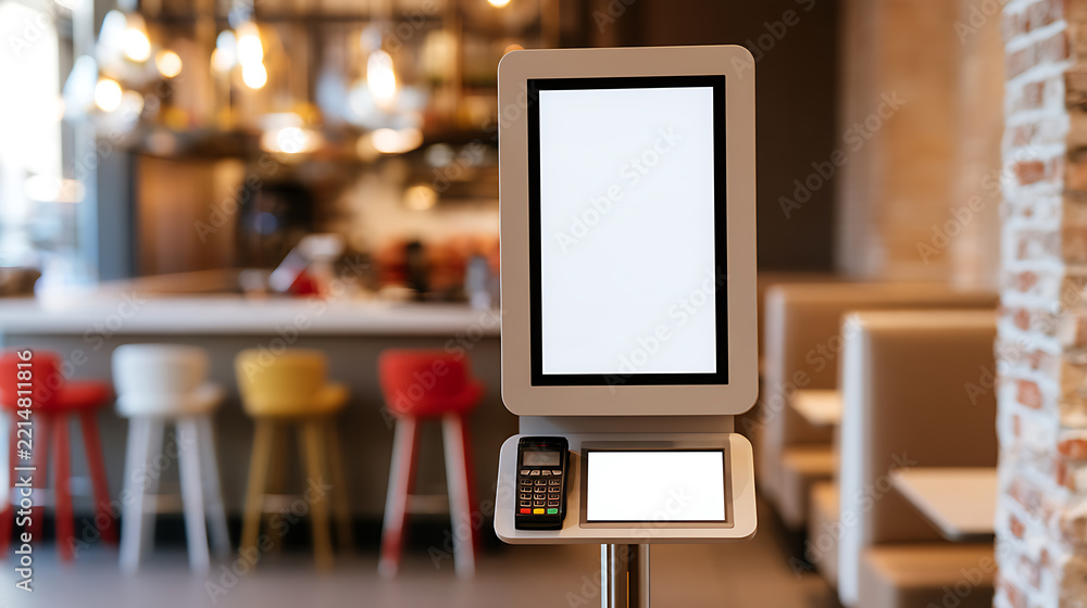 Fototapeta premium Interactive self-service kiosk with blank white screen for menu order inside modern fast food restaurant with blur interior background display