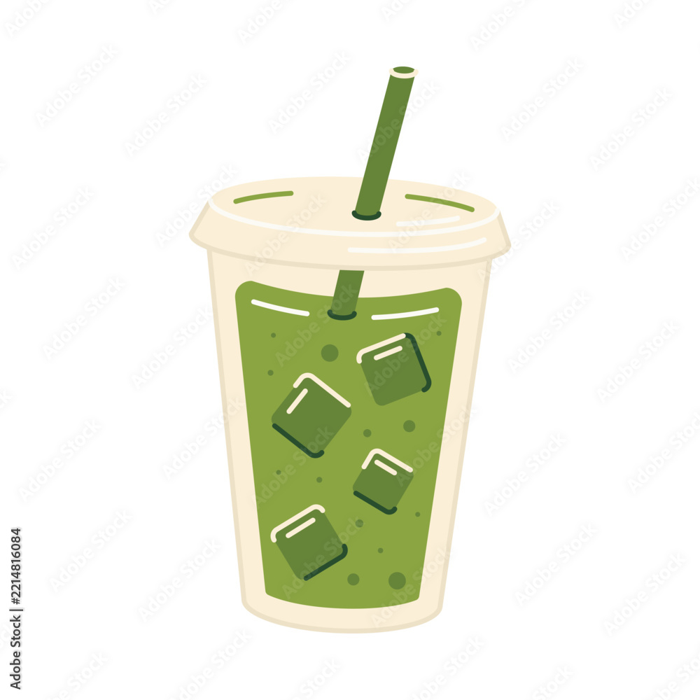 Fototapeta premium Japan matcha latte. Cartoon ice matcha latte icon, healthy green tea drink, iced latte in plastic cup to go. Vector flat Illustration on white background