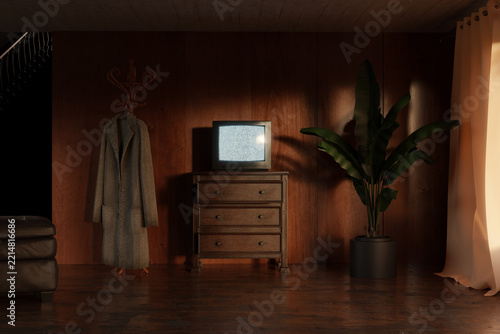 3d rendering of a retro living room with an old television and wooden panels