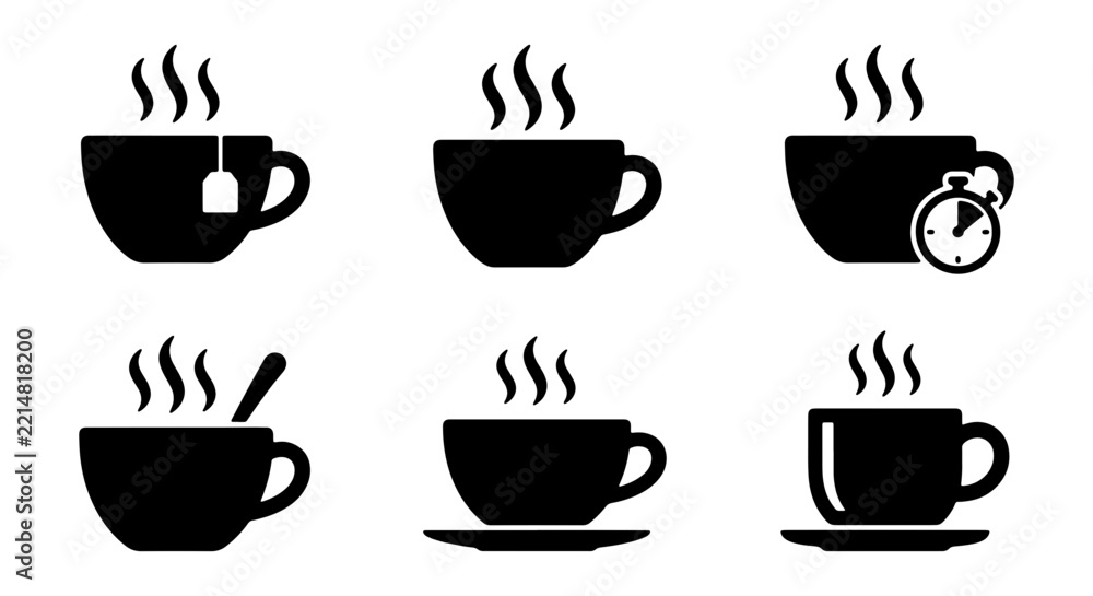 Fototapeta premium Hot coffee and tea cup silhouettes set with steam, spoon and timer for cafe logos and signage