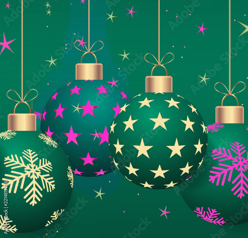 Colorful Christmas tree ornaments are seen in a graphic holiday themed background image.