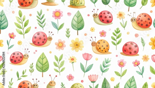 Nature pattern with ladybugs and flowers spring season and garden wildlife concept cute watercolor illustration for nursery decor and textile design