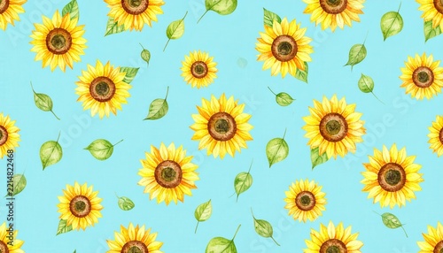 Sunflower seamless pattern watercolor floral background with yellow flowers and green leaves for summer textile design and stationery wallpaper