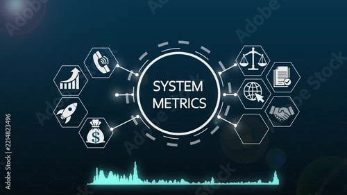 Digital system metrics dashboard interface with animated business icons and data visualization hud