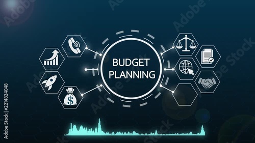 Budget planning digital interface with financial icons and data analytics hud for business strategy finance