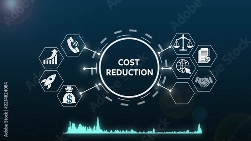 Cost reduction business strategy infographic with animated digital interface and financial icons financial optimization