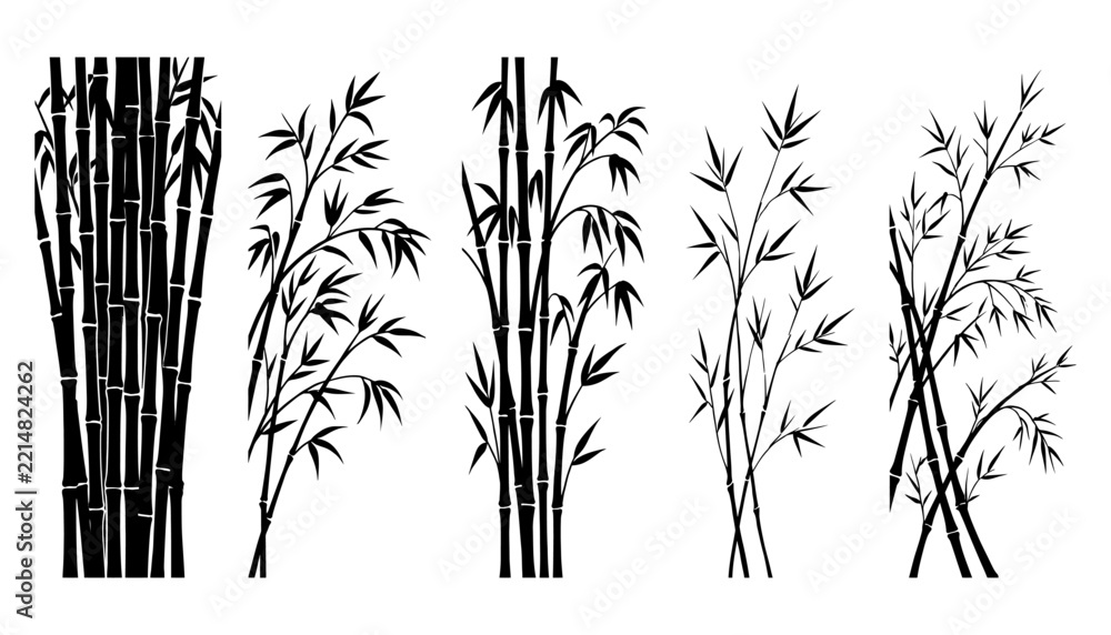 Fototapeta premium Set of black bamboo stalks and leaves silhouettes