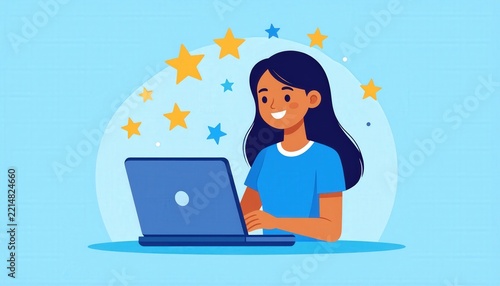 Customer satisfaction and positive feedback happy woman using laptop with star rating icons for online service review and digital user experience