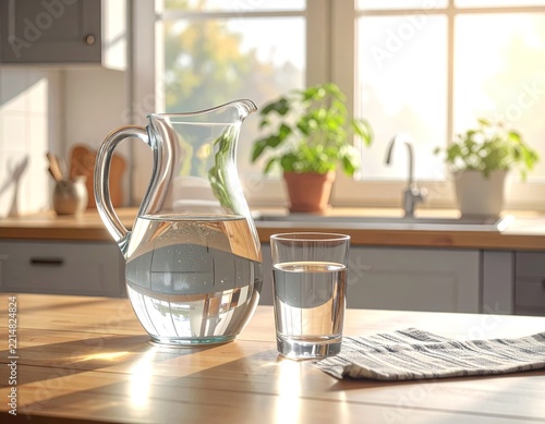 Una jarra con agua al lado de un vaso de agua en una cocina muy luminosa