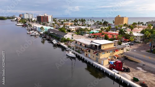 Intercoastal waterfront scene Hollywood Beach Florida showing motels condominiums and boats