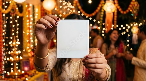 Person Holding Blank Instant Photo Frame at Festive Celebration