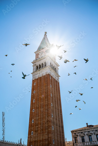 Low angle view of a flock of pigeons flying around the top of the Bell Tower, St Marks Square, Venice, Veneto, Italy