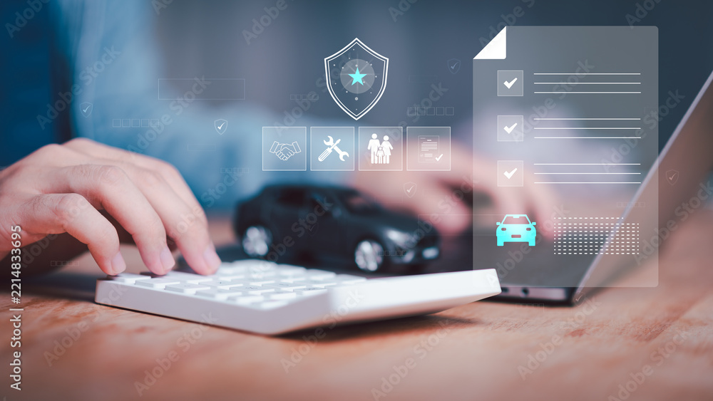 Naklejka premium An insurance agent calculates auto insurance costs while reviewing vehicle coverage, policy options, premium estimates, risk assessment, claims protection, benefits, and customer eligibility.