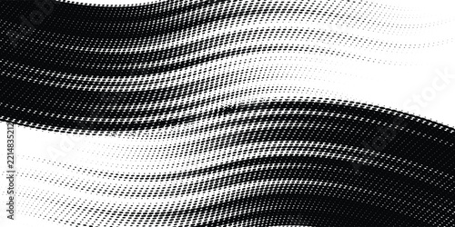 Hexagon halftone gradient texture. Abstract black grunge background. Geometric retro halftone tech overlay. Fading wavy hexagonal pattern backdrop. Vector vanishing honeycomb grunge bitmap wallpaper