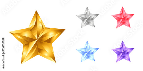 Set of faceted five pointed stars in gold, silver, red, blue and purple colors for awards, ratings and celebration designs.