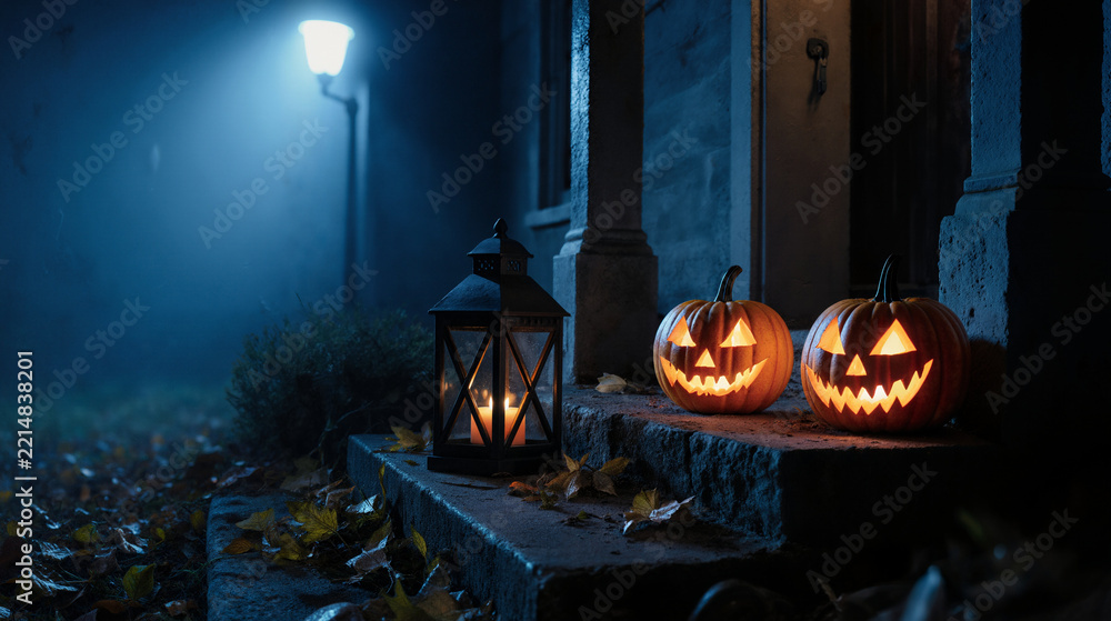 Naklejka premium Glowing jack-o'-lanterns and a lantern on porch steps on a foggy Halloween night
