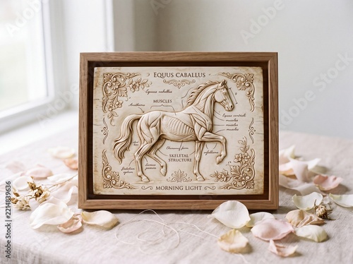 Ivory Relief Horse Anatomy Diagram with Silk Petals Education Illustration