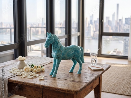 Turquoise Marble Horse Figurine on Vintage Pine Desk with Cream Petals