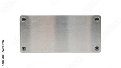 Blank rectangular brushed metal nameplate with four screws, industrial stainless steel sign board plaque banner panel for text, number or logo mockup, isolated on transparent background