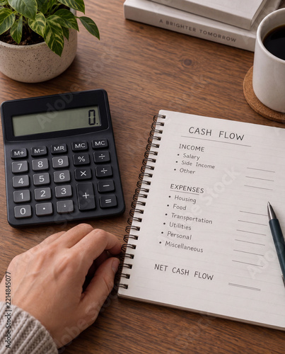Cash flow budget notebook listing income and household expenses